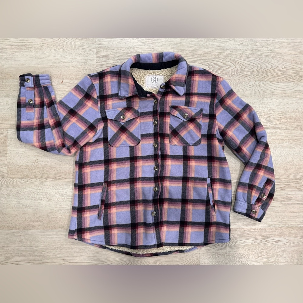 Sage Collective Women’s L Purple/Black Faux Sherpa Lined Flannel Shirt Jacket